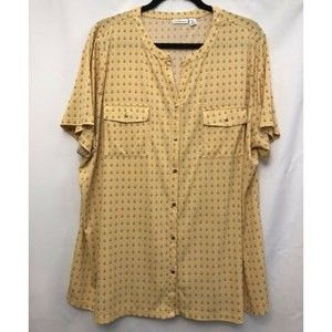 Croft & Barrow Womens Top sz 2X Yellow Geometric Short Sleeve Button Up Stretch